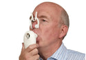 A man breathes using a set of white nose clips and a USB COPD Screener.