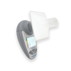 The Vitalograph Lung Age Meter is shown with a Bacterial/Viral filtered mouthpiece attached.