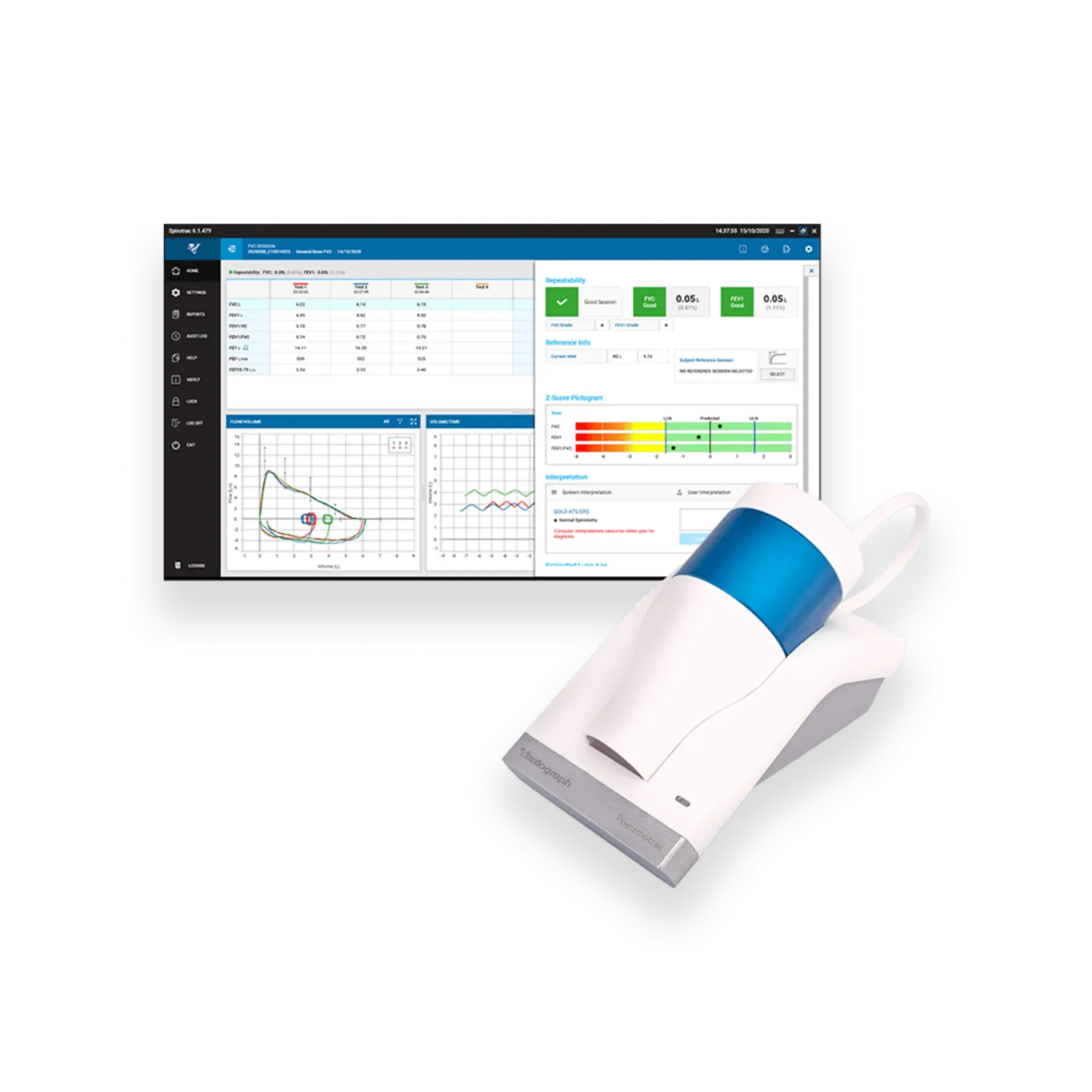 Pneumotrac™ Spirometer is shown with a screenshot of the Spirotrac® software in the background.