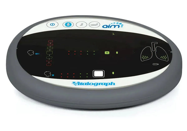The Vitalograph AIM™ (Aerosol Inhalation Monitor) is shown up close for better observation of feedback lights.  The device is showing a good result.