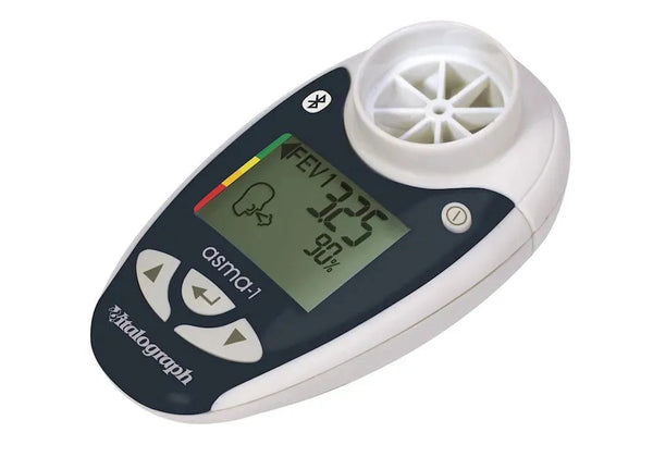 An electronic respiratory manager, the Vitalograph Bluetooth Asma-1, is shown up close.  The reading on the screen is 90%.