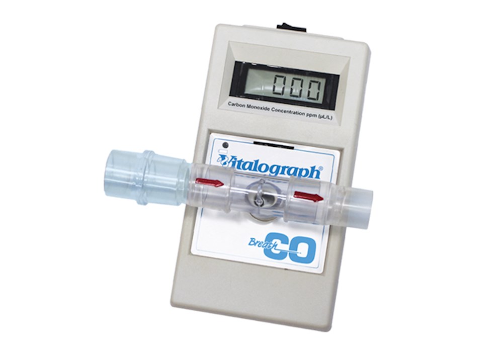 Vitalograph's BreathCO Carbon Monoxide monitor.  The Carbon Monoxide Concentration PPM screen shows a reading of 000.