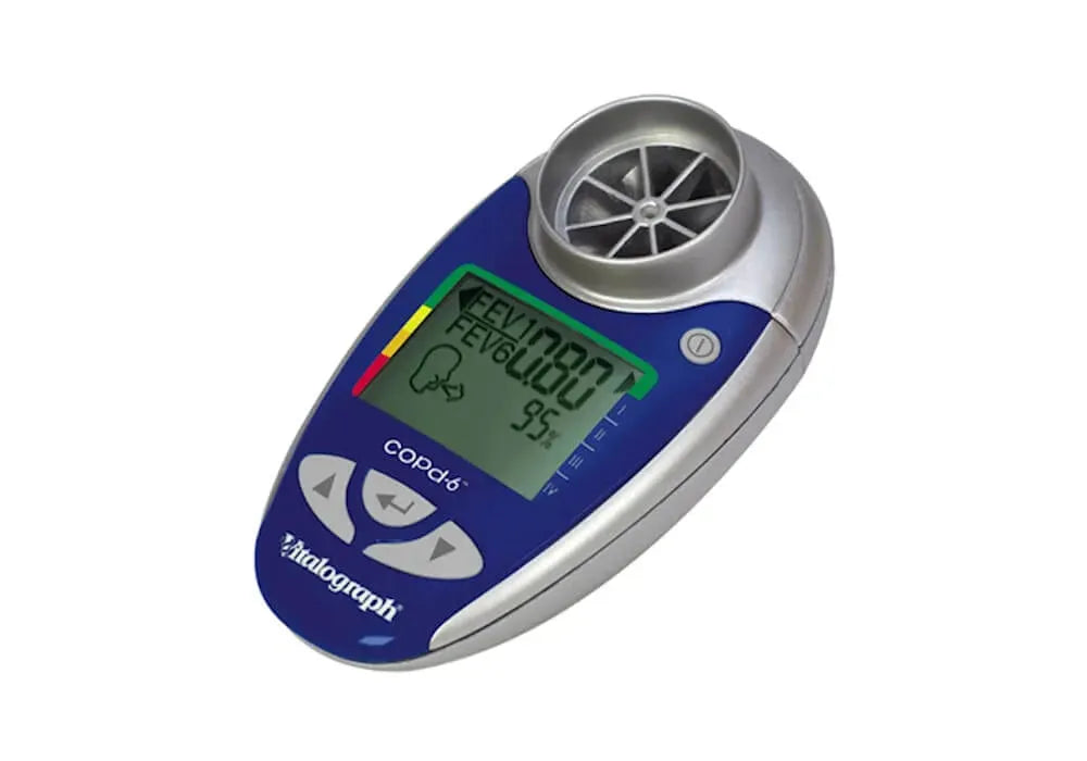 Vitalograph COPD6 Screener is shown with a blue and silver shell.  The reading on the screen shows 95%.