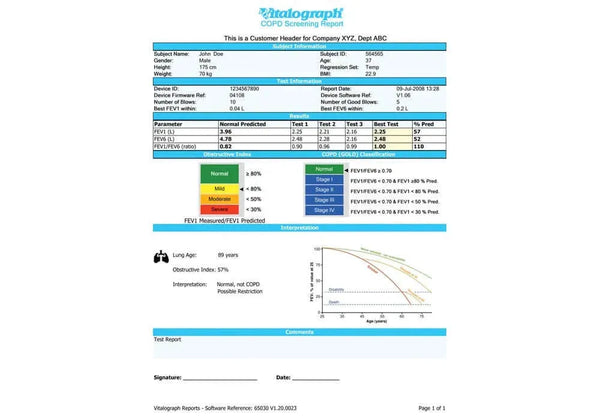 Vitalograph COPD Screening Report Screenshot is shown, alogn with sample information for patient John Doe..