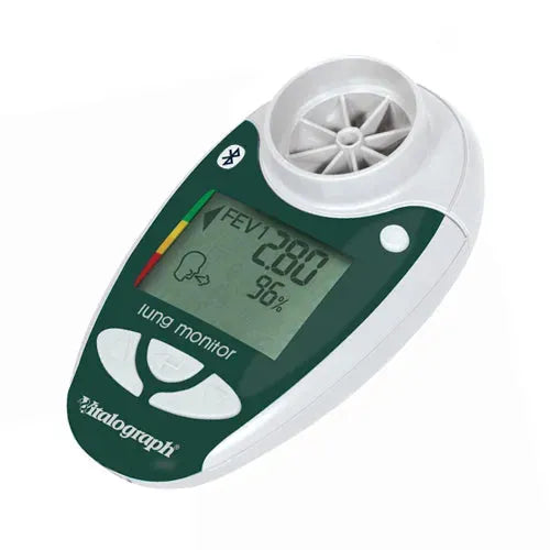 The Vitalograph Bluetooth Lung Monitor is shown on, with a reading of 96% shown on the screen. It is a black and white handheld device.