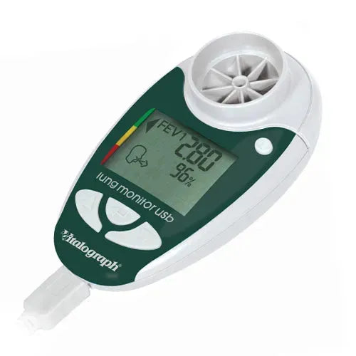 The Vitalograph USB Lung Monitor is shown on, with a reading of 96% shown on the screen. It is a black and white handheld device, and is shown with t h e USB cable plugged in.