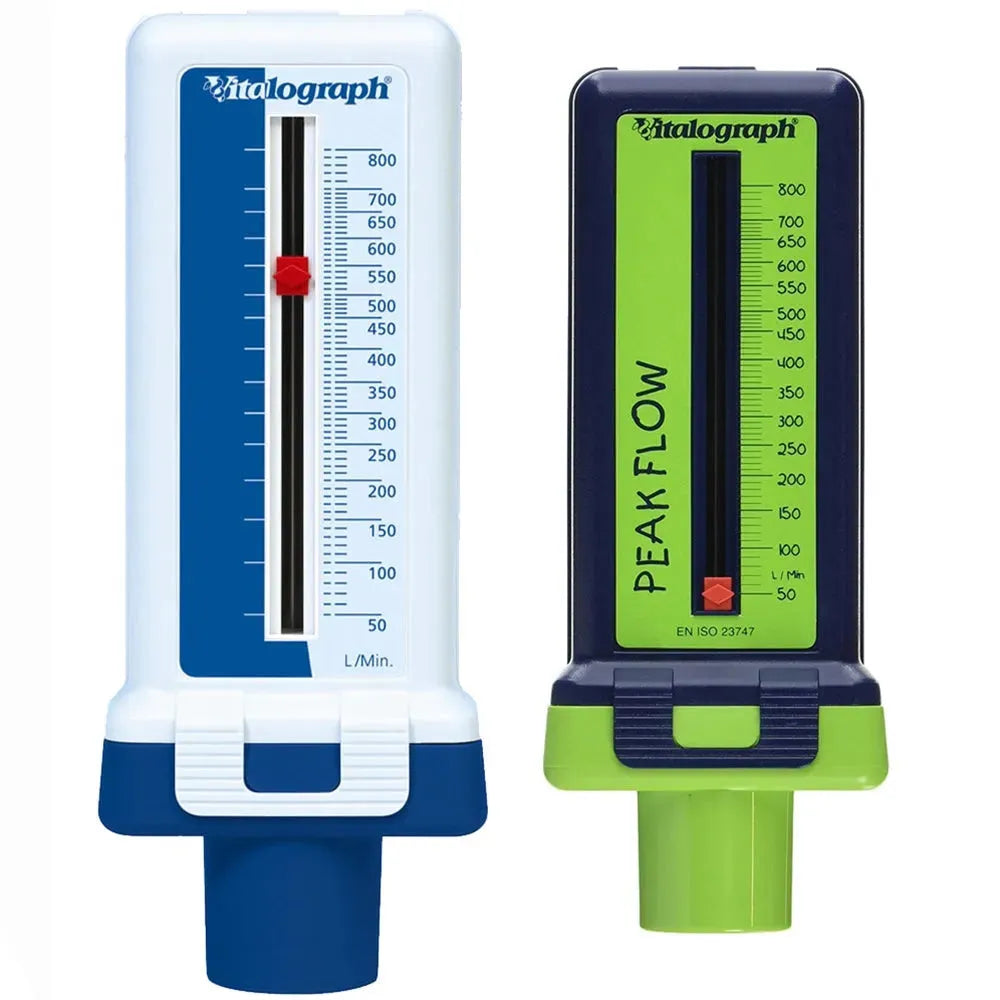 Two Vitalograph asmaPlan Standard Peak Flow Meters, shown side by side.  The adult version is blue and white, and the children's version is lime green and navy, with "peakflow" written in a more whimsical font.