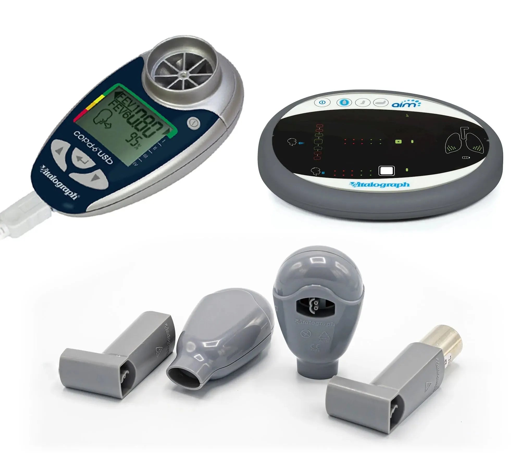 Top left is a USB COPD Screener.  Top Right is Vitalograph AIM™ (Aerosol Inhalation Monitor).  The lower portion of the image is two MDI and two DPI simulators.