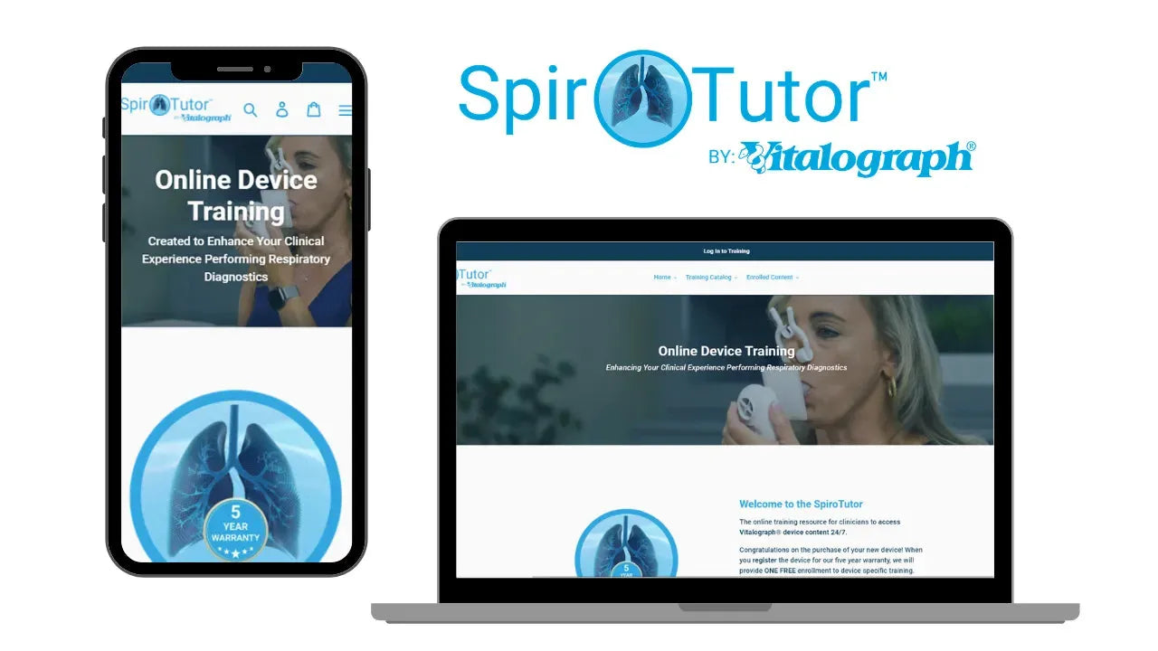 Text at the top reads: SpirOTutor, by Vitalograph. Below an beside the text, interfaces for online training are shown on both phone and computer.