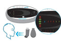 The feedback lights of the Vitalograph AIM™ (Aerosol Inhalation Monitor) are shown alongside an illustration of a patient preparing to use the system.