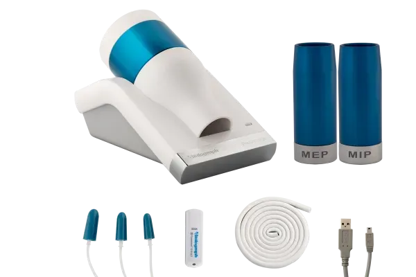 The Pneumotrac with RMS comes with:  MIP MEP flowheads, Spirotrac® 6 Software, USB cable, and SpiroTutor® training.