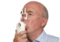 A man breathes using a set of white nose clips and a USB COPD Screener.